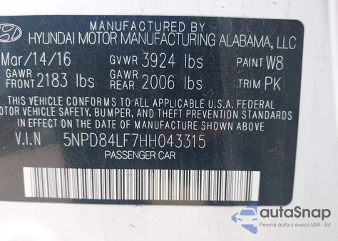 2017 Hyundai Elantra Se z USA, uszkodzony, nr VIN 5NPD84LF7HH043315